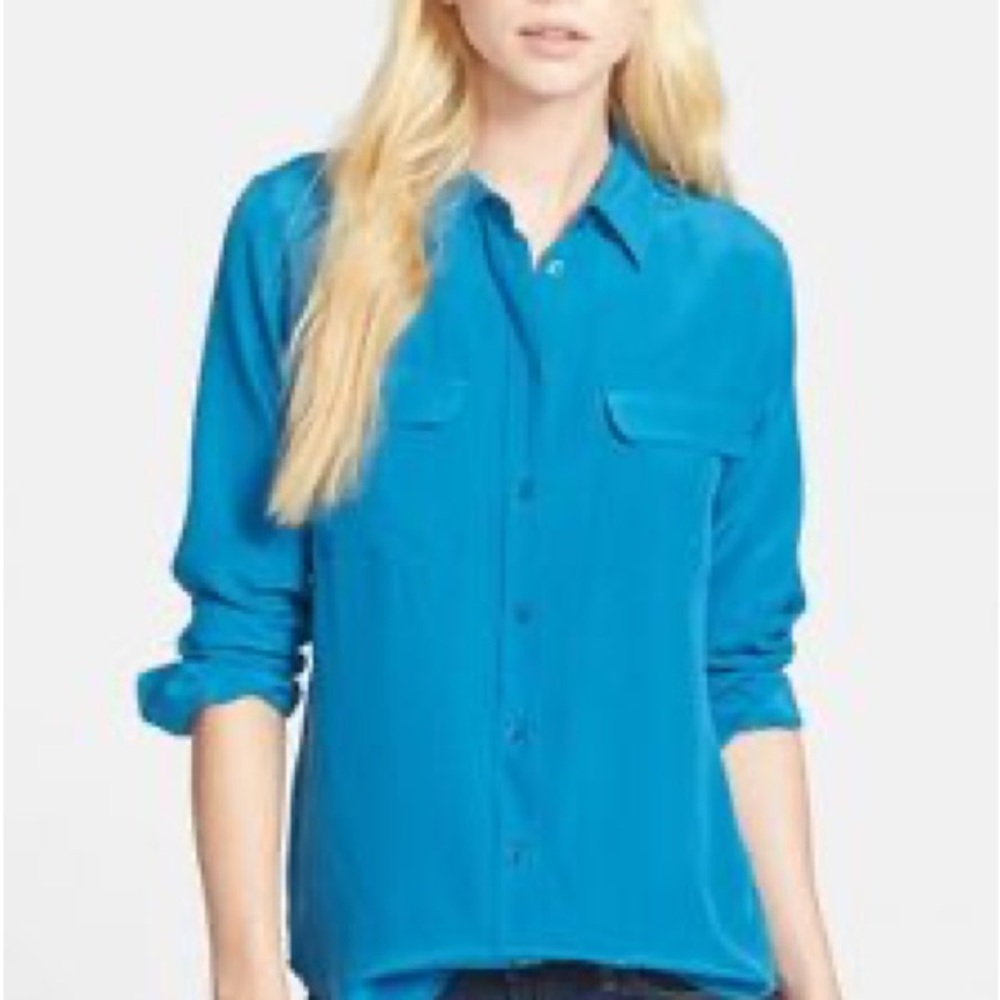Ann Taylor Blue Silk Long Sleeve Button Up Dress Shirt